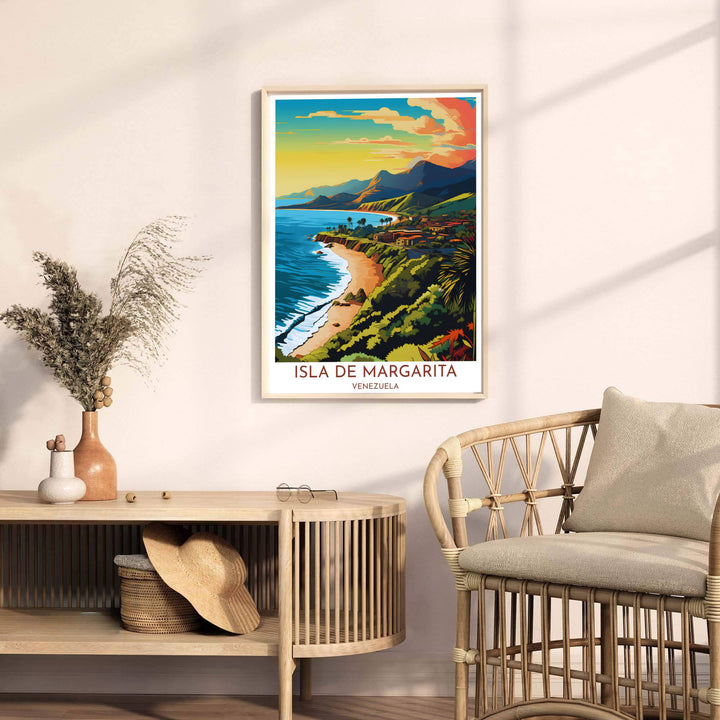 Contemporary travel poster capturing the warm retro aesthetic of Isla de Margarita for bohemian and coastal interior spaces. A fine offering from MapYourDreams, choose between flexible product formats like borderless paper, custom wooden frames, or canvas wraps.