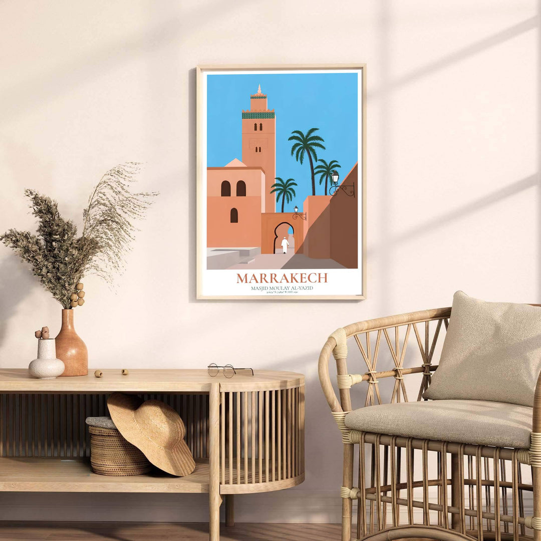 Fine art travel poster of Kasbah Mosque with headline reading MARRAKECH and subtitle reading MASJID MOULAY AL-YAZID EST 1190. Released by MapYourDreams, this artwork is available in flexible options including unframed paper, custom wooden frames, and gallery canvas wraps for home wall art.
