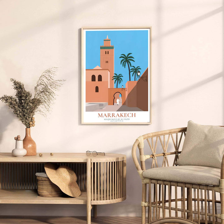 Fine art travel poster of Kasbah Mosque with headline reading MARRAKECH and subtitle reading MASJID MOULAY AL-YAZID EST 1190. Released by MapYourDreams, this artwork is available in flexible options including unframed paper, custom wooden frames, and gallery canvas wraps for home wall art.