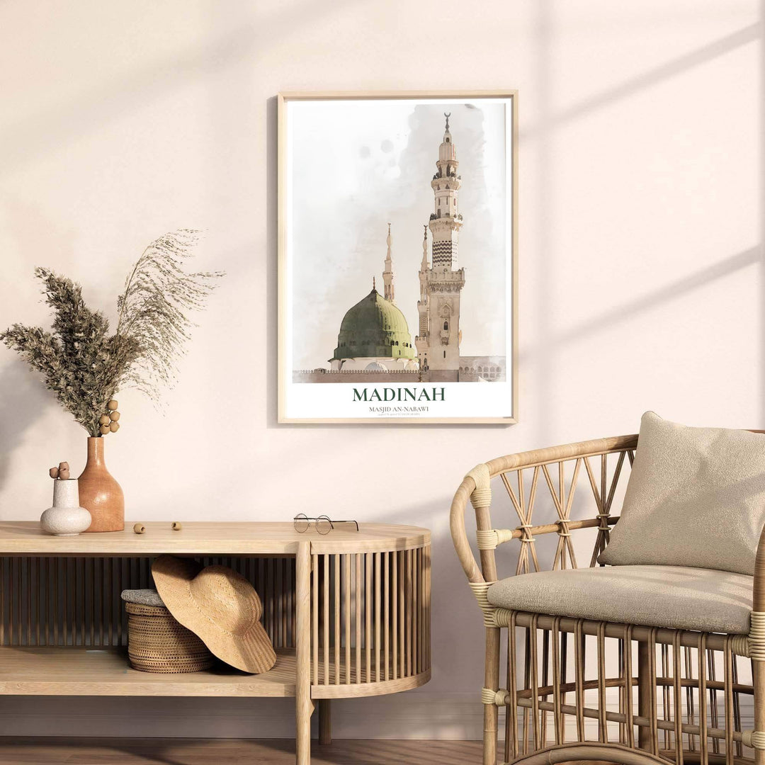 Fine art watercolor poster of Al Masjid an Nabawi with headline reading MADINAH and subtitle reading MASJID AN-NABAWI SAUDI ARABIA. Released by MapYourDreams, this artwork is available in flexible options including unframed paper, custom wooden frames, and gallery canvas wraps for home wall art.