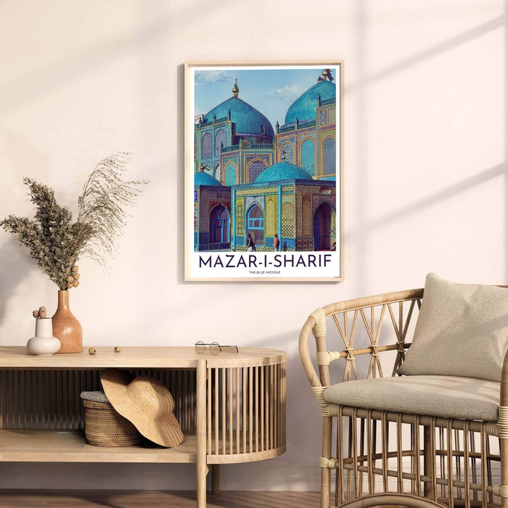 Fine art travel poster of Mazar-i-Sharif Blue Mosque with headline reading MAZAR-I-SHARIF and subtitle reading THE BLUE MOSQUE. Released by MapYourDreams, this artwork is available in flexible options including unframed paper, custom wooden frames, and gallery canvas wraps for home wall art.
