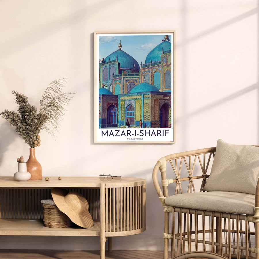 Fine art travel poster of Mazar-i-Sharif Blue Mosque with headline reading MAZAR-I-SHARIF and subtitle reading THE BLUE MOSQUE. Released by MapYourDreams, this artwork is available in flexible options including unframed paper, custom wooden frames, and gallery canvas wraps for home wall art.
