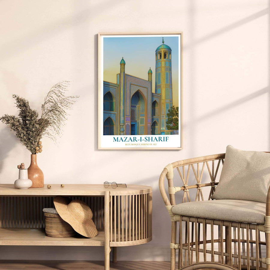 Fine art travel poster of Mazar-i-Sharif Blue Mosque with headline reading MAZAR-I-SHARIF and subtitle reading BLUE MOSQUE SHRINE OF ALI. Released by MapYourDreams, this artwork is available in flexible options including unframed paper, custom wooden frames, and gallery canvas wraps for home wall art.