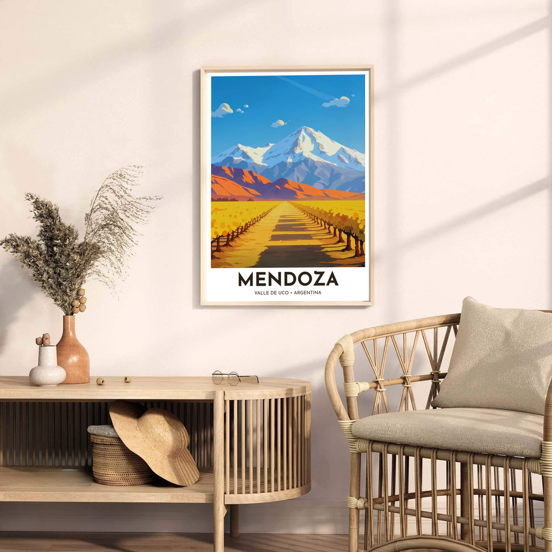 Contemporary travel poster capturing the bright sunlit colors of Mendoza wine country for living room wall displays. A fine offering from MapYourDreams, choose between flexible product formats like borderless paper, custom wooden frames, or canvas wraps.