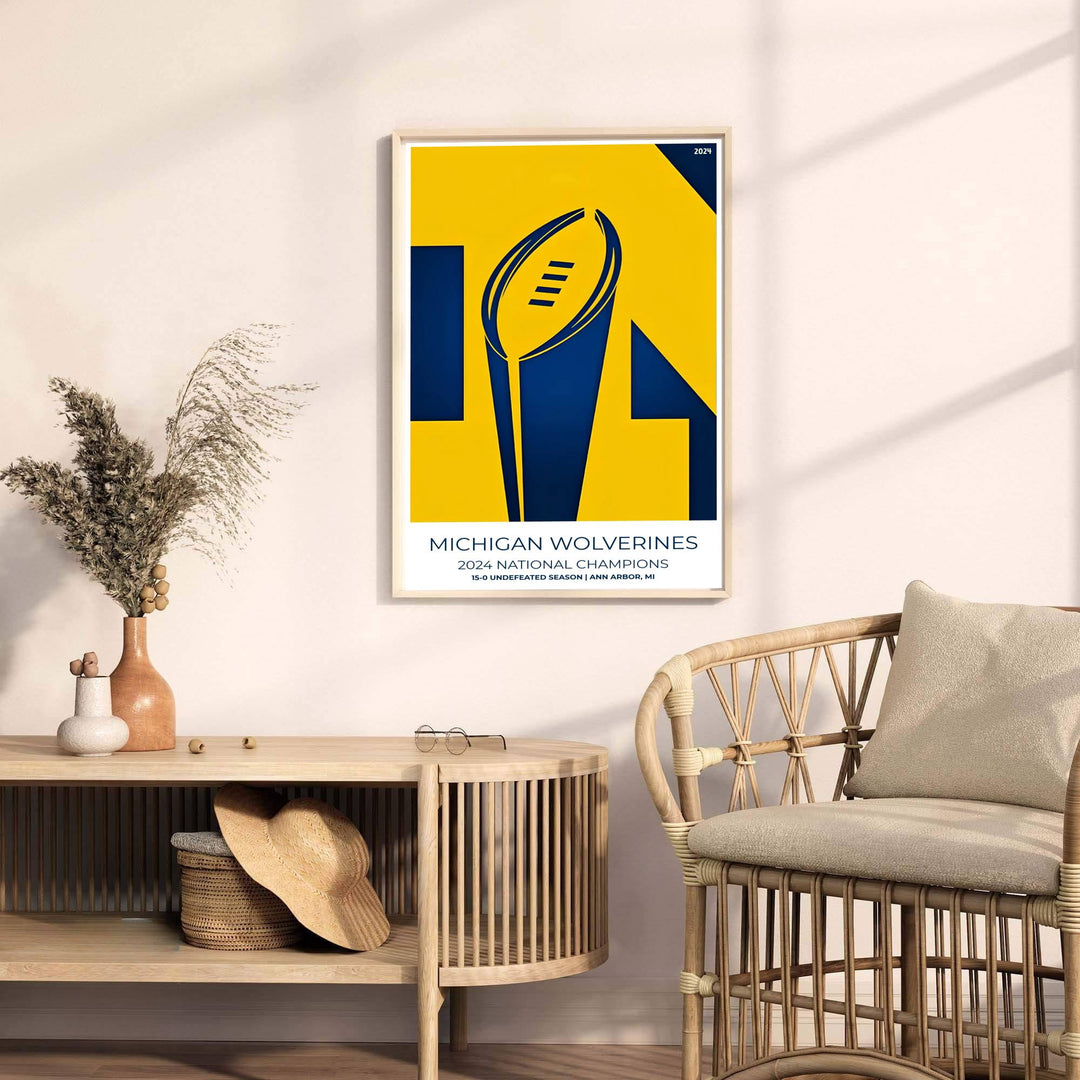 Michigan football print showing 2024 trophy artwork in a crisp, minimalist graphic vector layout with yellow and blue blocks. Handcrafted by MapYourDreams, this artwork is available in flexible options including unframed paper, custom wooden frames, and gallery canvas wraps for gallery wall displays.