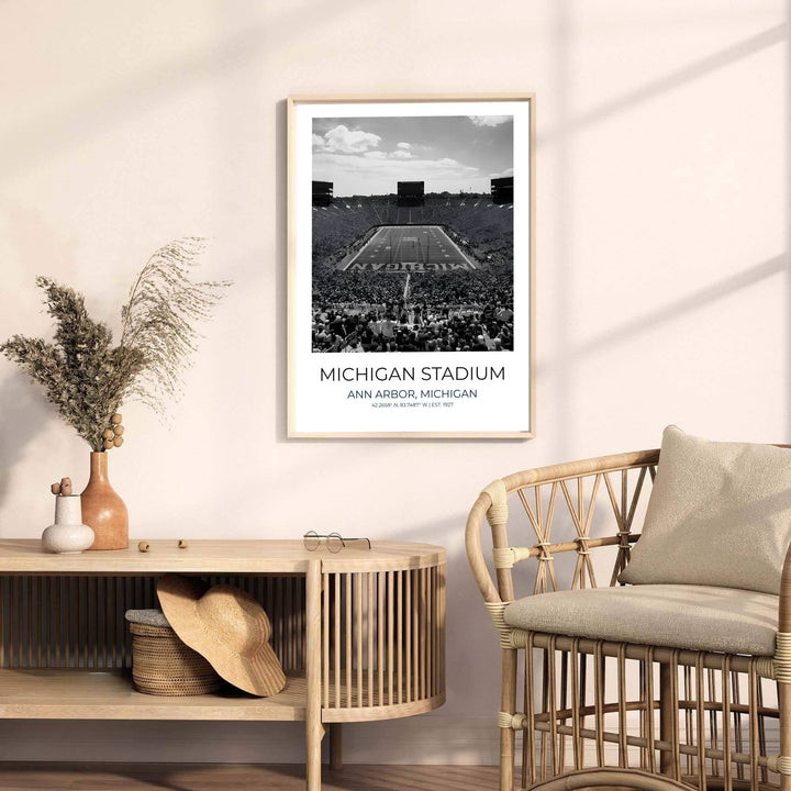 Fine art photo poster of Michigan Stadium with latitude and longitude coordinates and EST 1927 establishment date at base. Released by MapYourDreams, this artwork is available in flexible options including unframed paper, custom wooden frames, and gallery canvas wraps for home wall art.