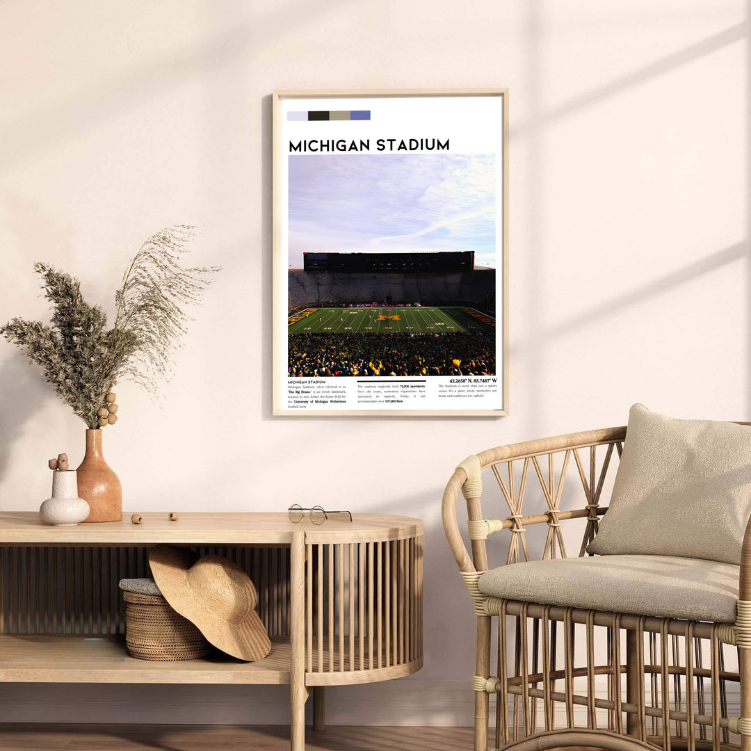Fine art sports poster of Michigan Stadium with latitude and longitude coordinates and 107000 capacity facts. Released by MapYourDreams, this artwork is available in flexible options including unframed paper, custom wooden frames, and gallery canvas wraps for home wall art.