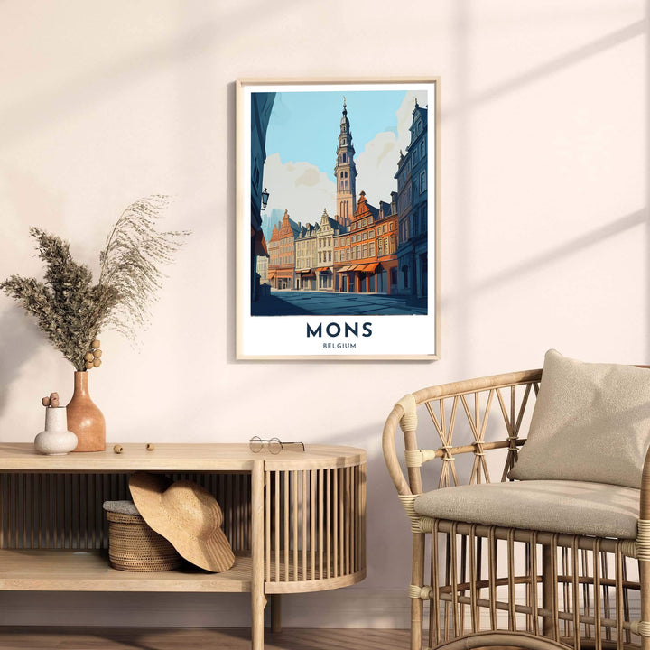 Contemporary retro cityscape illustration displaying warm sunlit facades and cloud skies in Mons, Belgium. Offered by MapYourDreams, this artwork is available in flexible options including unframed paper, custom wooden frames, and gallery canvas wraps.