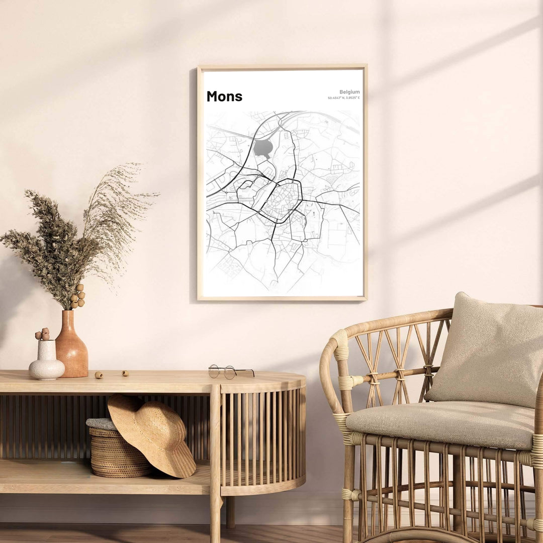 Contemporary European street map poster of Mons, Belgium, capturing the charm and layout of Wallonia&