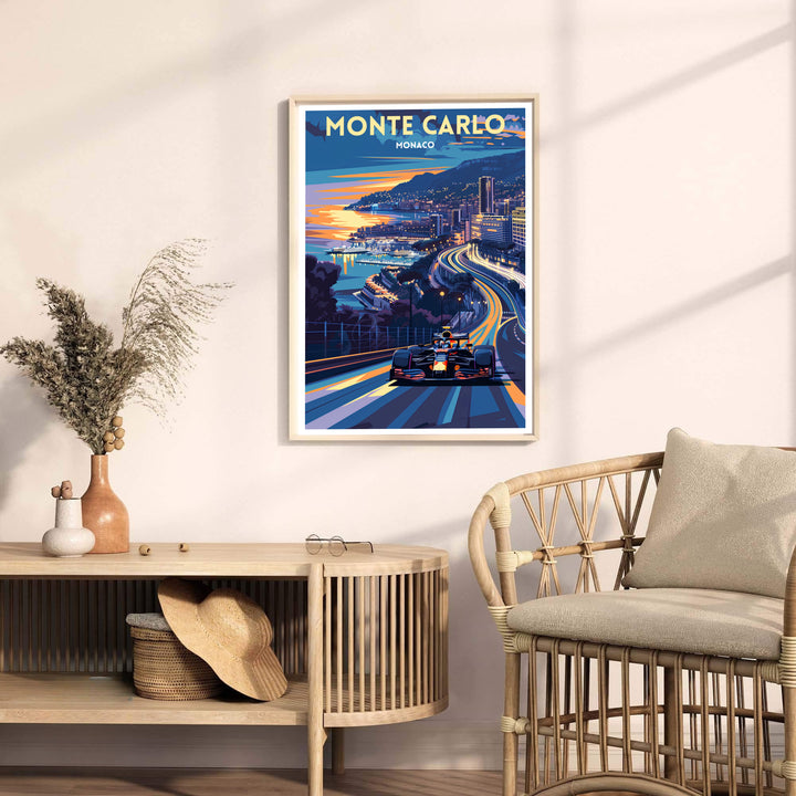 Elegant wall decor showing a race car speeding past the coastal skyline of Monte Carlo in Monaco, capturing the luxury of the famous street race event through rich indigo shadows; available for your walls as a canvas print, framed display, or standalone unframed print.