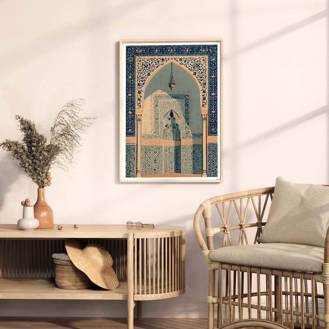 Fine art travel poster of Alhambra Moorish arch with cobalt tilework and terracotta stucco highlights. Released by MapYourDreams, this artwork is available in flexible options including unframed paper, custom wooden frames, and gallery canvas wraps for home wall art.