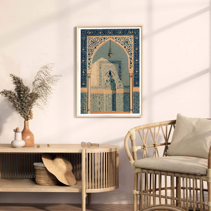 Fine art travel poster of Alhambra Moorish arch with cobalt tilework and terracotta stucco highlights. Released by MapYourDreams, this artwork is available in flexible options including unframed paper, custom wooden frames, and gallery canvas wraps for home wall art.