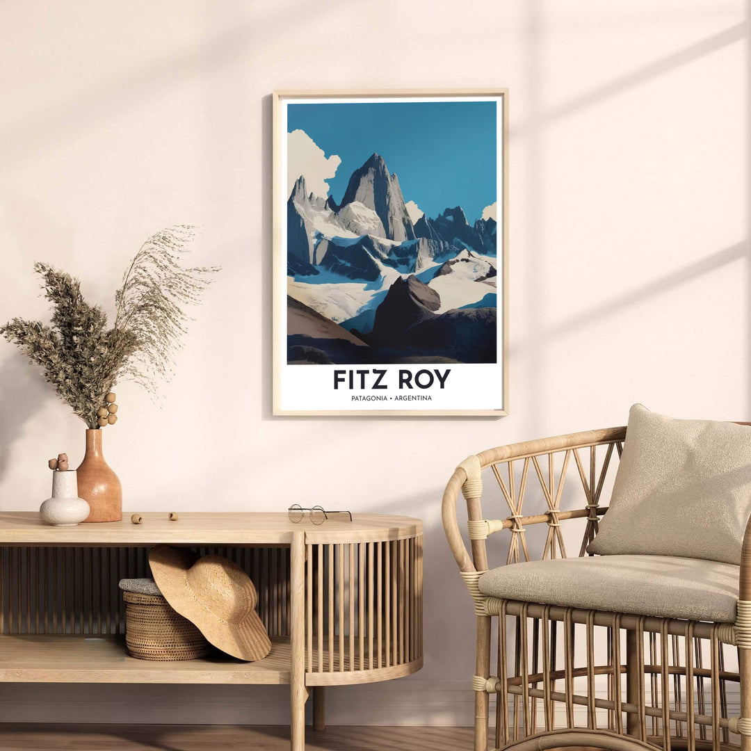 Contemporary travel poster capturing the serene alpine atmosphere of Mount Fitz Roy for minimalist Scandinavian interiors. A fine offering from MapYourDreams, choose between flexible product formats like borderless paper, custom wooden frames, or canvas wraps.