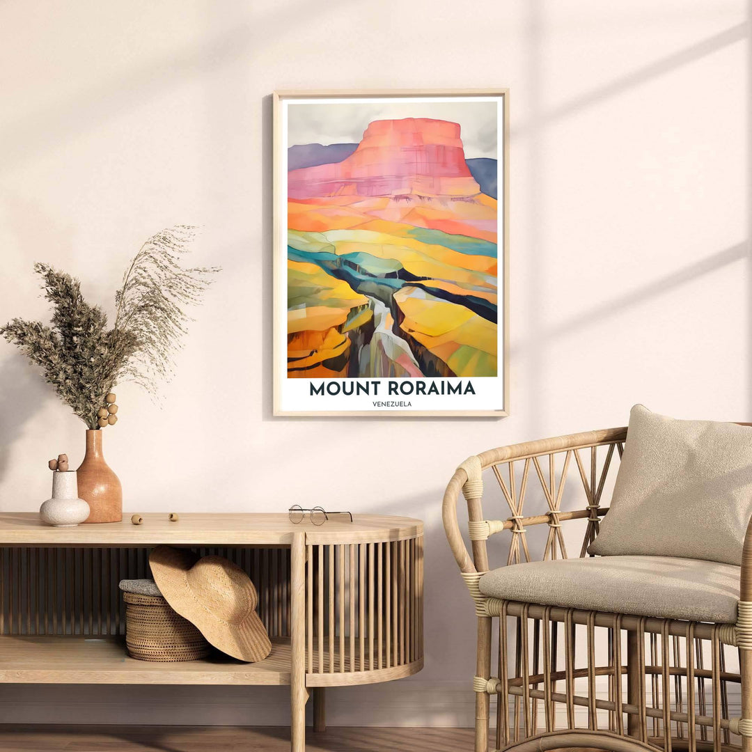 Contemporary travel poster capturing the abstract expressionist aesthetic of Mount Roraima for Scandinavian and modern art spaces. A fine offering from MapYourDreams, choose between flexible product formats like borderless paper, custom wooden frames, or canvas wraps.
