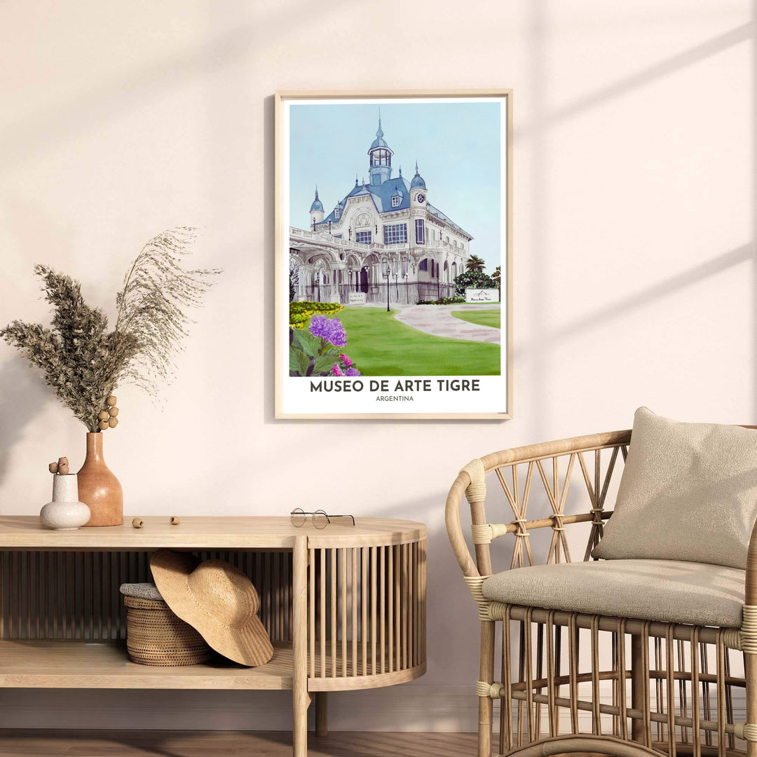 Contemporary travel poster capturing the romantic European charm of the Museo de Arte Tigre estate for home gallery displays. A fine offering from MapYourDreams, choose between flexible product formats like borderless paper, custom wooden frames, or canvas wraps.