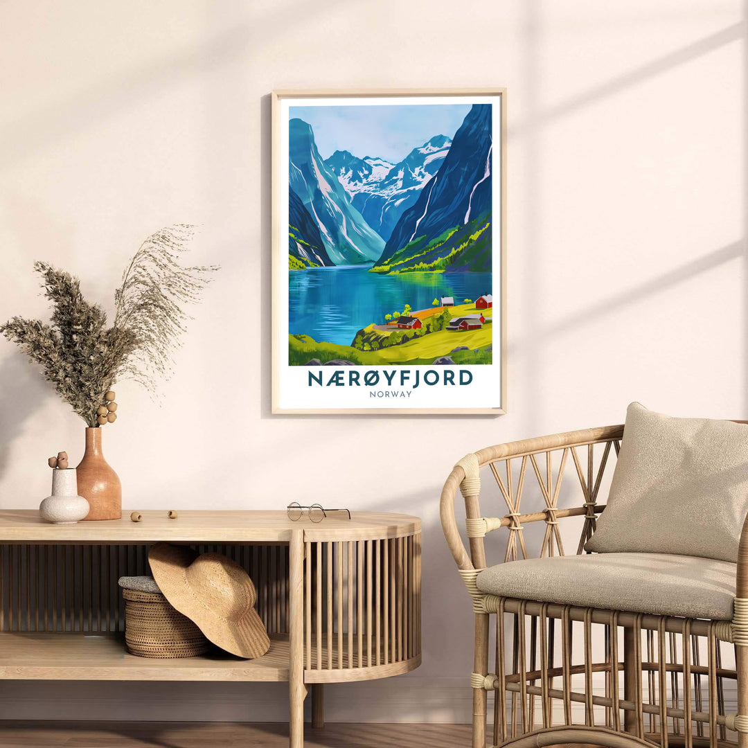 Atmospheric summer illustration of Nærøyfjord Norway capturing the scale of steep fjord walls and green waterside pastures. Elevate your living space styling with this travel artwork available across several physical formats such as unframed paper prints, protective framed designs, and gallery wrap canvas prints.
