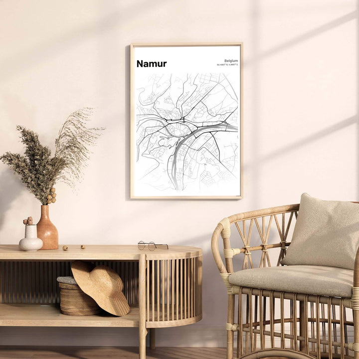 Contemporary European street map poster of Namur, Belgium, capturing the historic riverscape and regional charm in a crisp visual layout. Offered by MapYourDreams, this artwork is available in flexible options including unframed paper, custom wooden frames, and gallery canvas wraps.