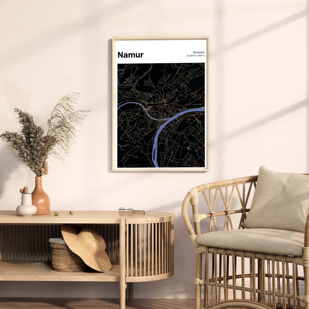 Contemporary European street map poster of Namur, Belgium, capturing the historic riverscape in a captivating dark gold and blue aesthetic. Offered by MapYourDreams, this artwork is available in flexible options including unframed paper, custom wooden frames, and gallery canvas wraps.