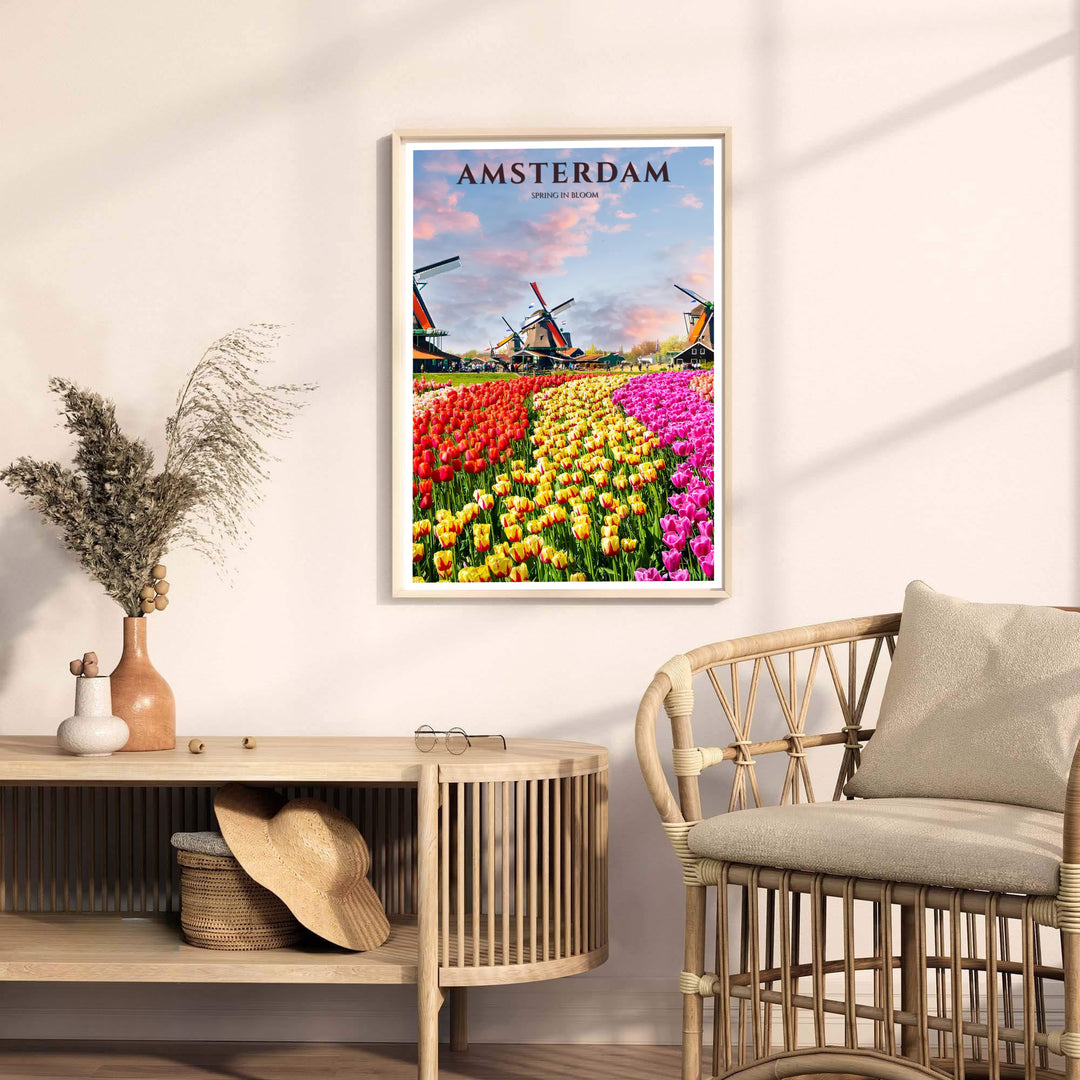 Photographic fine art print detailing vibrant spring tulip fields and iconic windmill sails in Amsterdam Netherlands, available from MapYourDreams with choices including unframed paper prints, stretched gallery canvas, or a tailored custom framed wall display for cottagecore spaces.