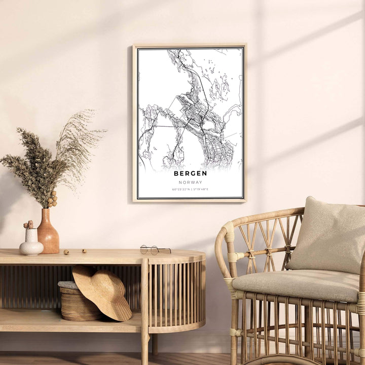 Minimalist vector city layout print of Bergen Norway capturing the dense urban center and sprawling outer roadways. Elevate your room interior with this cartographic artwork available across several physical formats such as unframed paper prints, protective framed designs, and gallery wrap canvas prints.