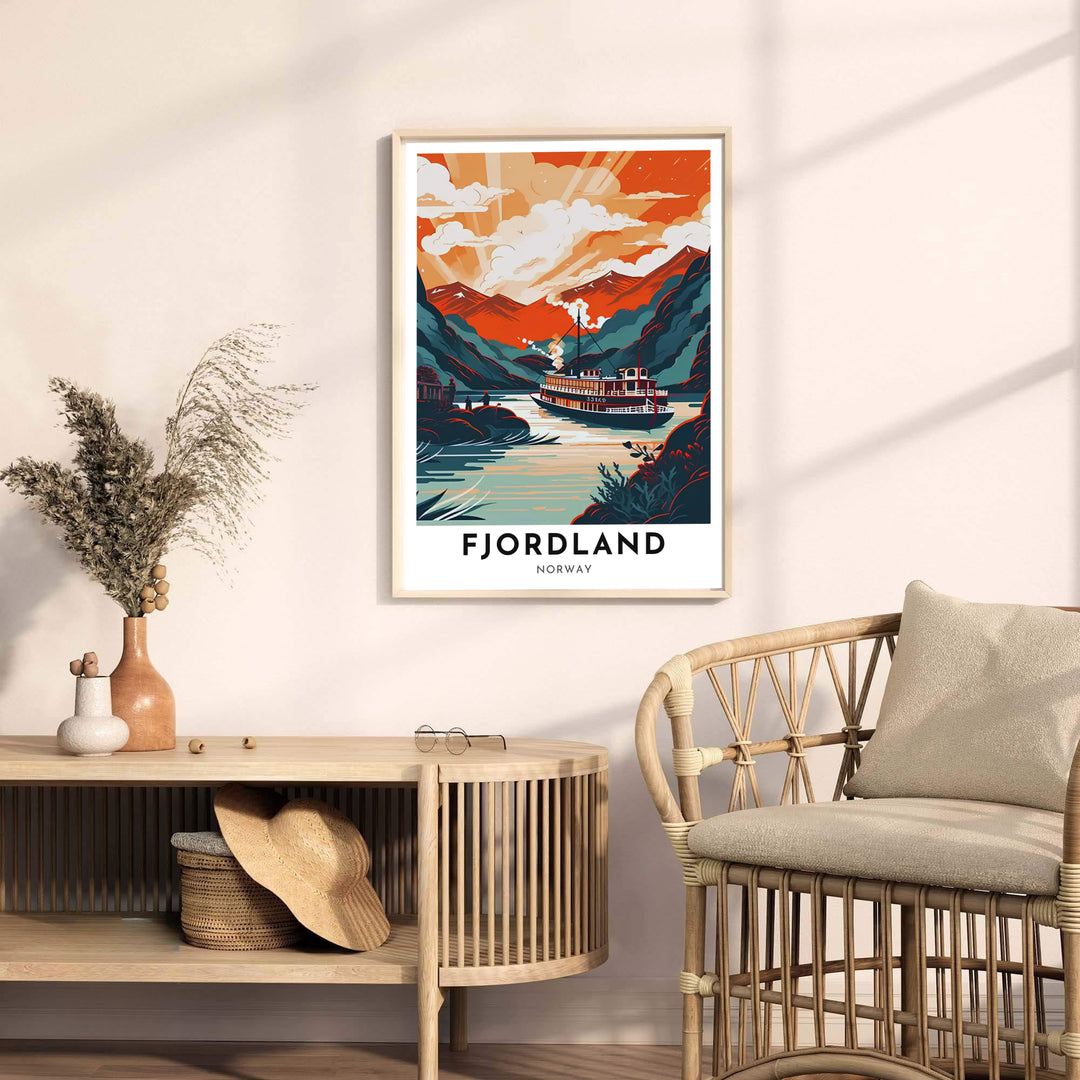 Graphic retro landscape print of a Norwegian fjord at dusk featuring a classic vessel and bold mountain terrain. Elevate your room interior with this travel artwork available across several physical formats such as unframed paper prints, protective framed designs, and gallery wrap canvas prints.