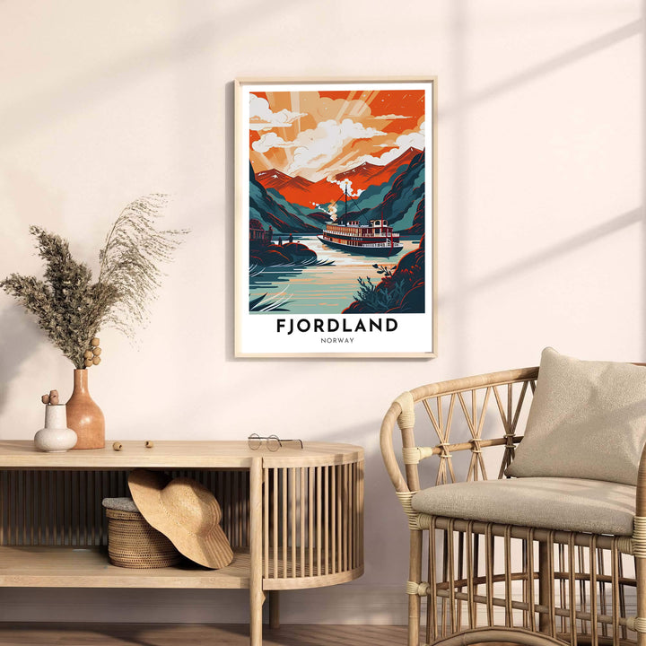 Graphic retro landscape print of a Norwegian fjord at dusk featuring a classic vessel and bold mountain terrain. Elevate your room interior with this travel artwork available across several physical formats such as unframed paper prints, protective framed designs, and gallery wrap canvas prints.