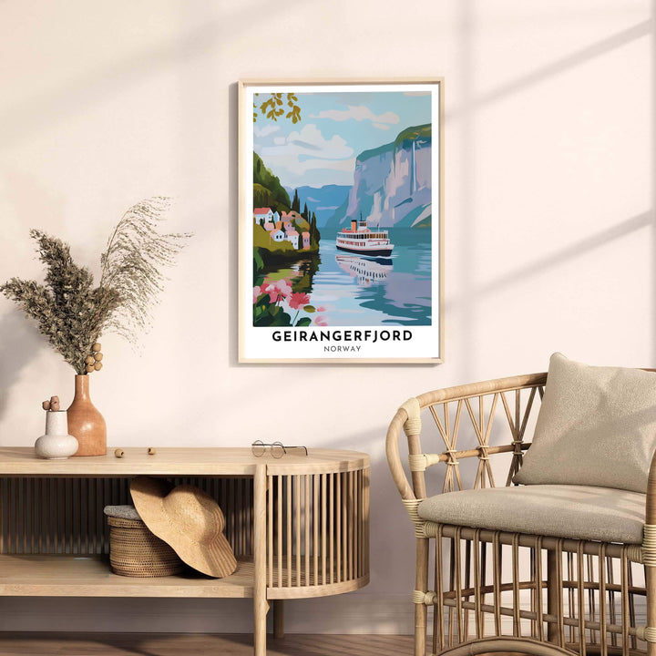 Nostalgic coastal art of Geirangerfjord Norway featuring a ferry navigating past mountain waterfalls under soft blue skies. Produced for lasting quality, this wall art selection includes versatile options like unframed art paper, solid wood framed prints, and textured canvas stretchers.
