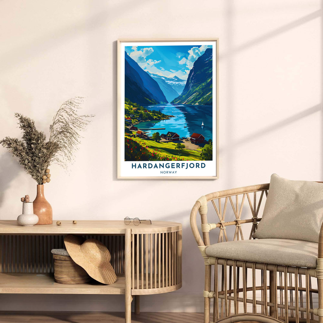 Nostalgic summer coastal art of Hardangerfjord Norway featuring sailboats drifting past lush hillsides and mountain rock faces. Produced for lasting quality, this wall art selection includes versatile options like unframed art paper, solid wood framed prints, and textured canvas stretchers.