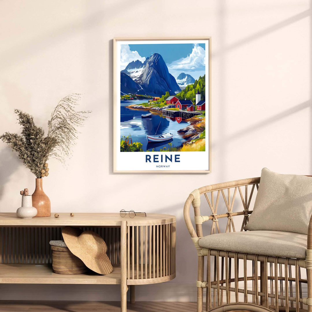 Panoramic travel print of Reine Norway featuring crimson shore cabins, blue water reflections, and sharp alpine peaks. Created by MapYourDreams, this fine art selection includes versatile presentation formats like unframed poster paper, solid wood framed prints, and gallery canvas wraps.