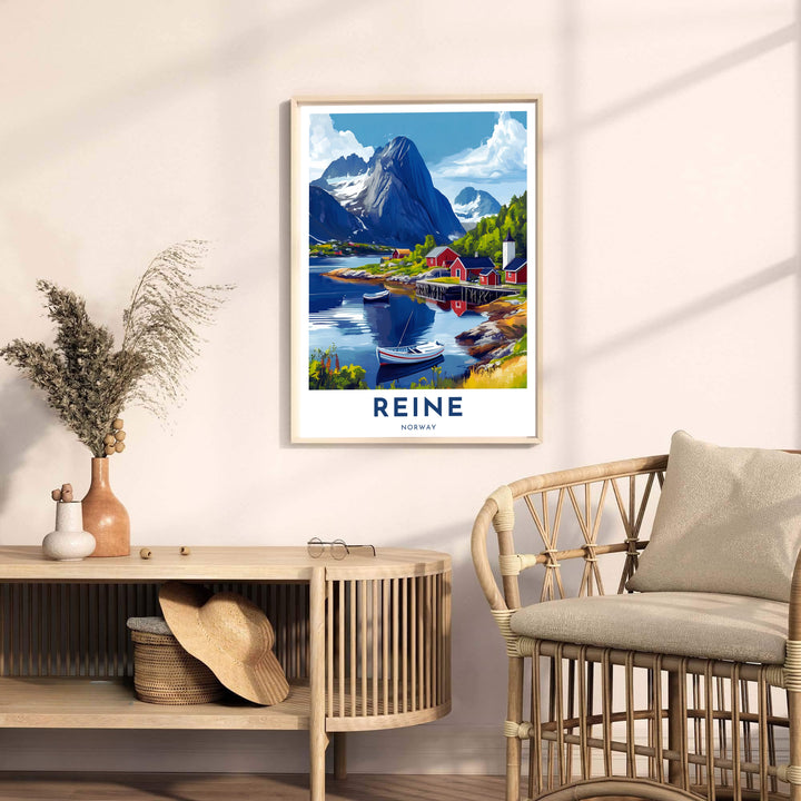 Panoramic travel print of Reine Norway featuring crimson shore cabins, blue water reflections, and sharp alpine peaks. Created by MapYourDreams, this fine art selection includes versatile presentation formats like unframed poster paper, solid wood framed prints, and gallery canvas wraps.