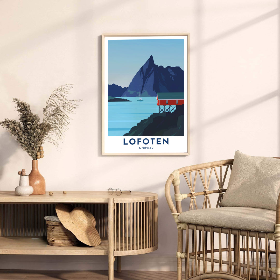 Minimalist vector poster illustrating a red rorbu cabin and alpine peak in Lofoten Norway with smooth fjord reflections. Enhance your living space with options including unframed archival paper prints, custom wood framed artwork, and gallery quality canvas wraps.