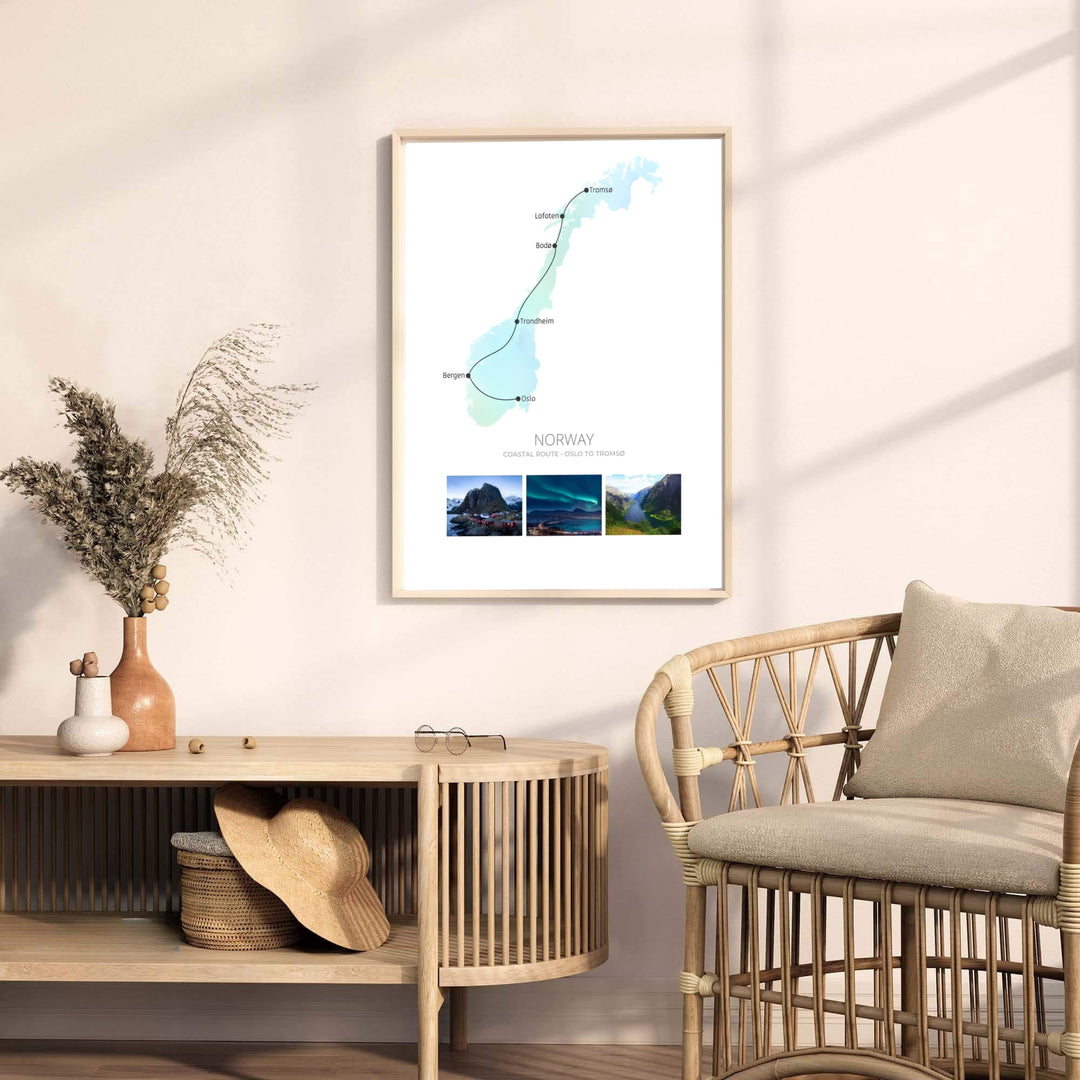 Scandinavian map poster illustrating the coastal route from Oslo to Tromsø with imagery of rorbuer huts and aurora borealis skies. Enhance your living room with options including unframed archival paper prints, custom wood framed artwork, and gallery quality canvas wraps.