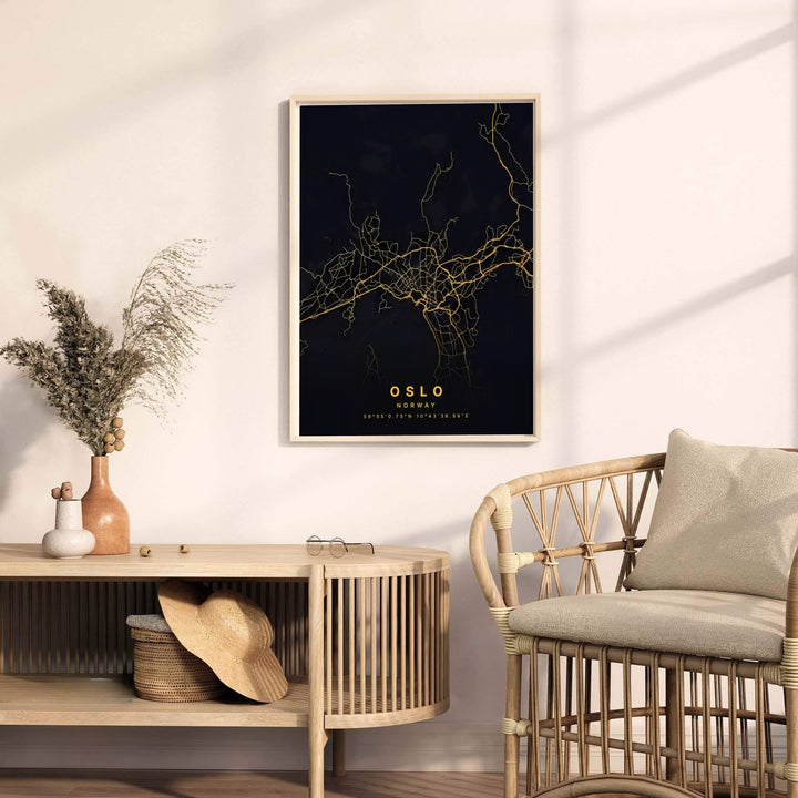 Gold on black Scandinavian cartography print showcasing the detailed urban road network of Oslo Norway along the fjord. Bring modern elegance home with display options including classic unframed paper, gallery wrapped canvas panels, or fully assembled framed wall art.
