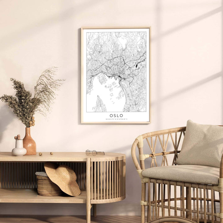 Black and white Scandinavian cartography print showcasing the detailed urban road network of Oslo Norway along the fjord shores. Bring modern elegance home with display options including classic unframed paper, gallery wrapped canvas panels, or fully assembled framed wall art.