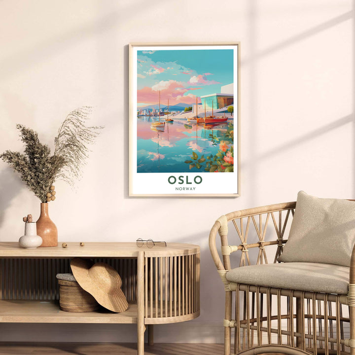 Contemporary Scandinavian travel print displaying the Oslo Opera House waterfront in soft pastel tones and artistic brushwork. Offered by MapYourDreams, this landscape artwork is customizable as an unframed poster print, ready-to-hang framed print, or premium gallery canvas wrap.