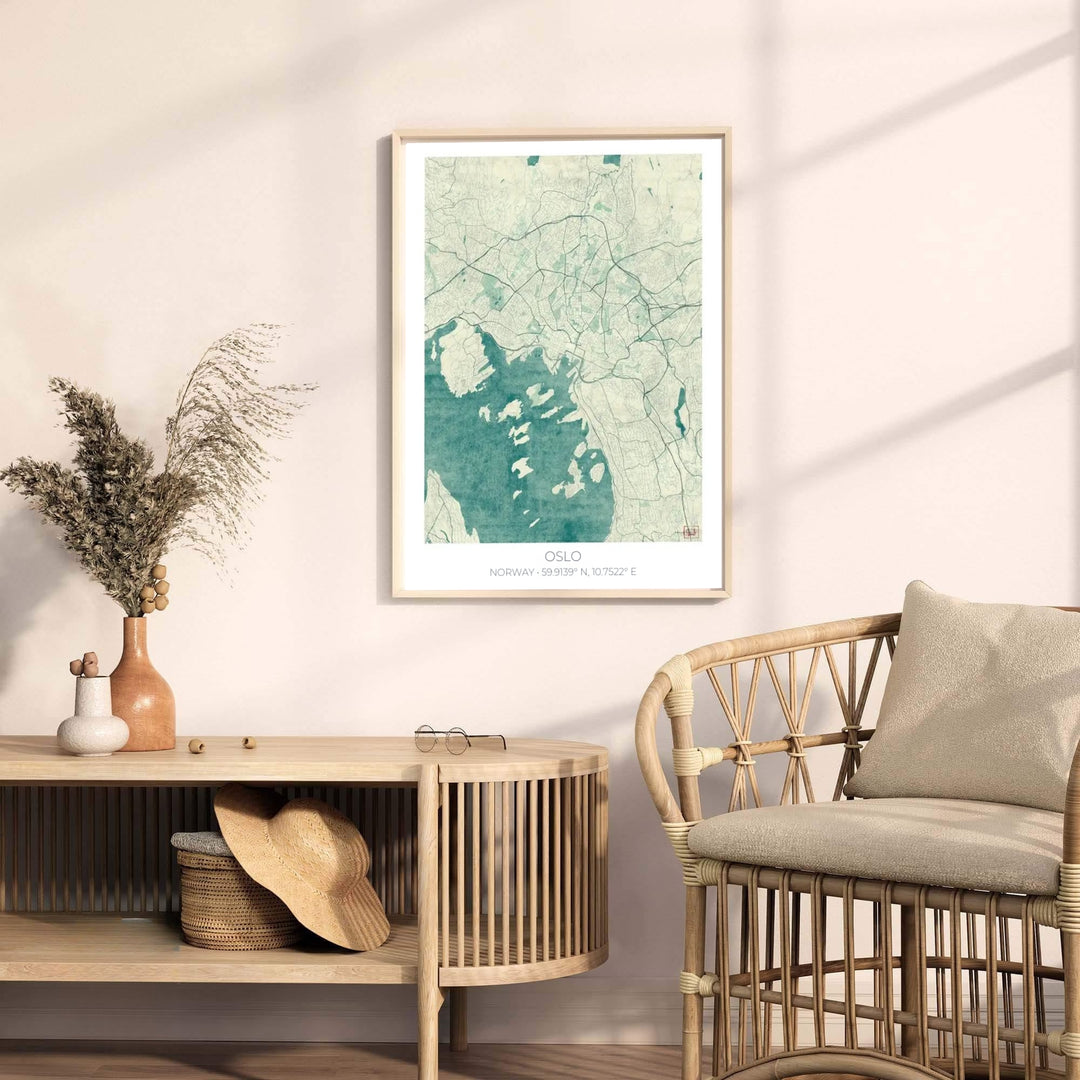 Nostalgic Scandinavian cartography print showcasing the detailed urban road network of Oslo Norway along the fjord shorelines. Bring modern elegance home with display options including classic unframed paper, gallery wrapped canvas panels, or fully assembled framed wall art.