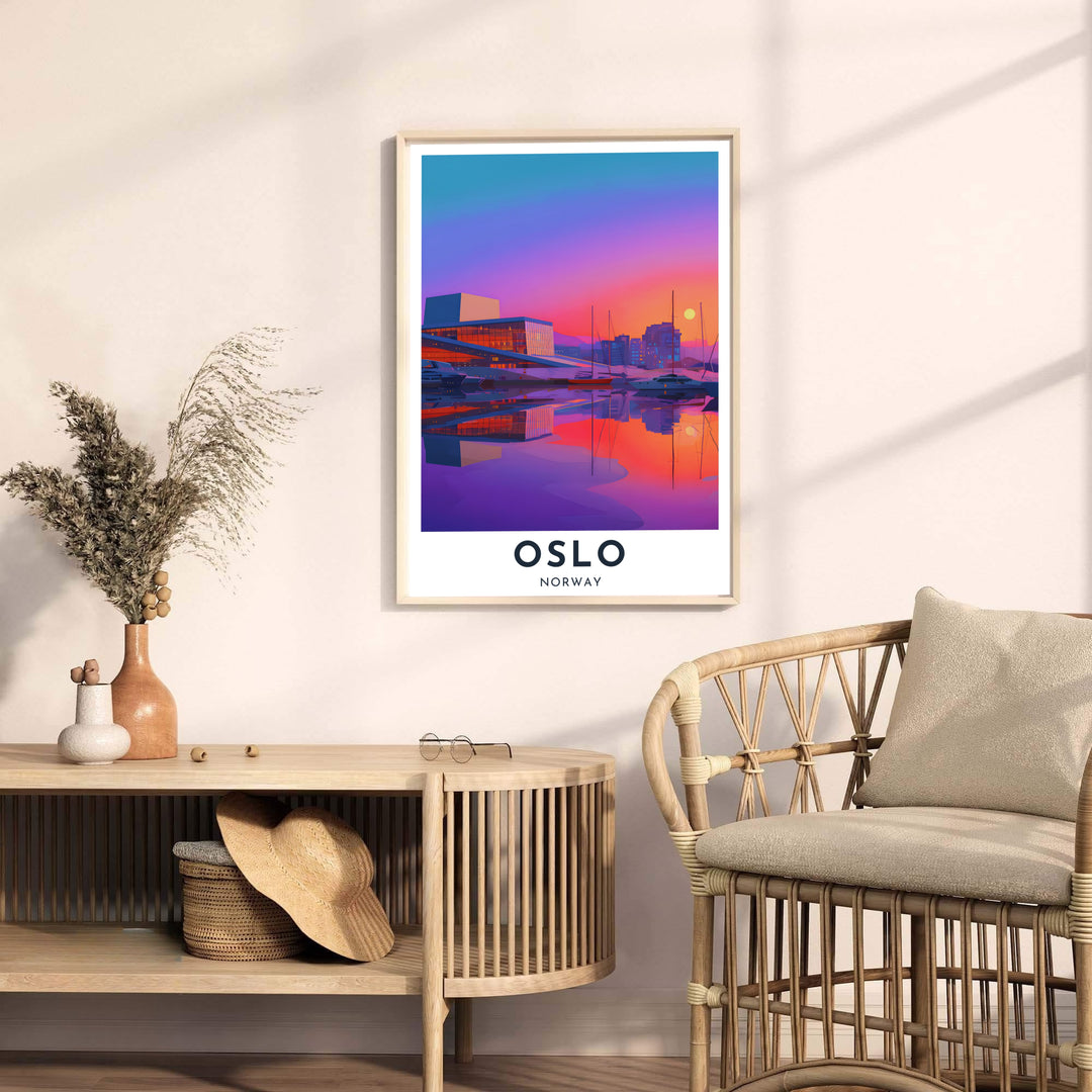 Dramatic sunset waterfront print highlighting the Oslo Opera House and modern city skyline of Norway in saturated purple and orange shades. Bring modern elegance home with display options including classic unframed paper, gallery wrapped canvas panels, or fully assembled framed wall art.