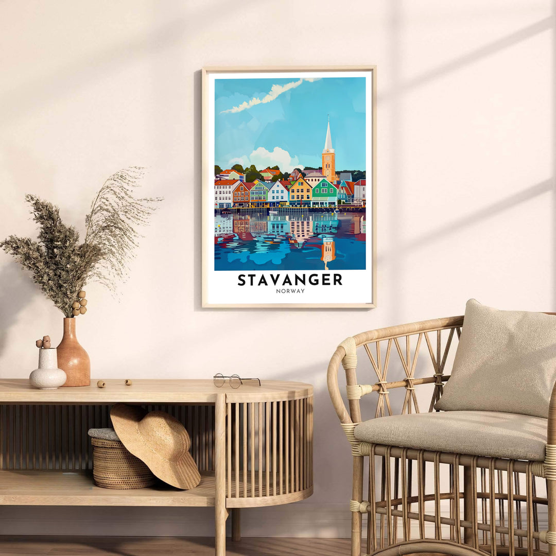 Charming coastal landscape print highlighting the colorful wooden architecture of Stavanger Norway reflecting smoothly in the fjord basin. Bring modern elegance home with display options including classic unframed paper, gallery wrapped canvas panels, or fully assembled framed wall art.