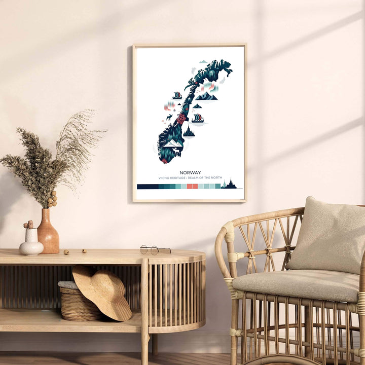 Minimalist geographic map art print showing Norway filled with pine trees, snowy peaks, and Viking ships floating along the fjord coastlines. Bring modern elegance home with display options including classic unframed paper, gallery wrapped canvas panels, or fully assembled framed wall art.