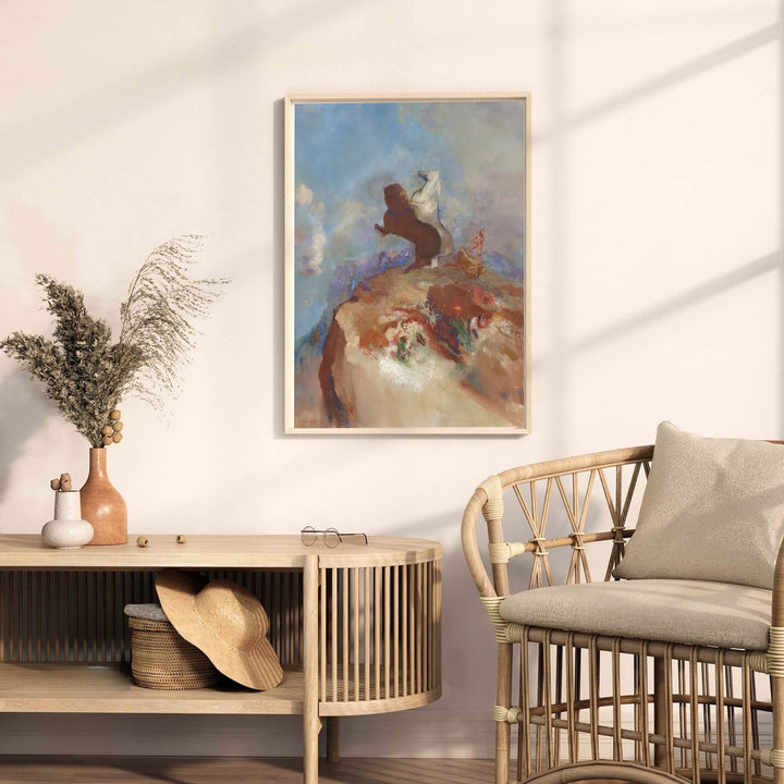 Rich pastel sky figure print of Odilon Redon Apollo In His Chariot 1905 from Rijksmuseum Amsterdam displaying dramatic cliffside perspective. MapYourDreams provides premium framed artwork, unframed paper poster decor, and stretched canvas choices for sophisticated art gallery walls.