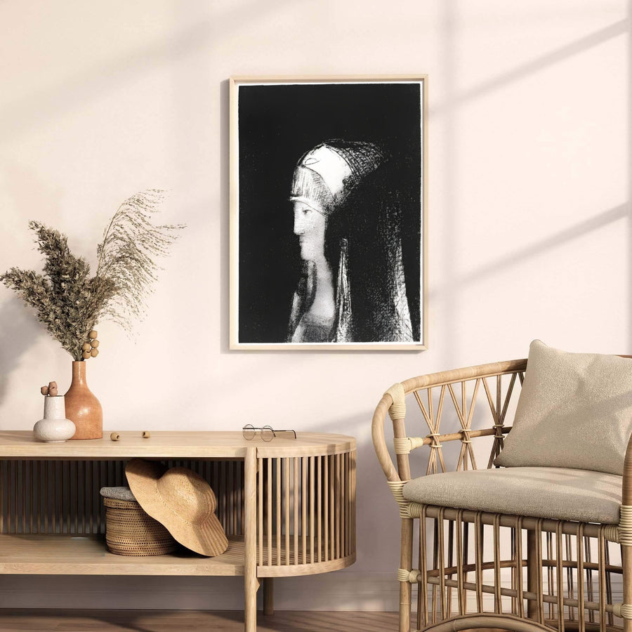 Quiet profile lithograph of Druidesse by Odilon Redon, published in 1891 with rich black stippling detail. MapYourDreams delivers this classical design in flexible formats including loose unframed sheets, pre-framed art, and gallery canvas finishes.