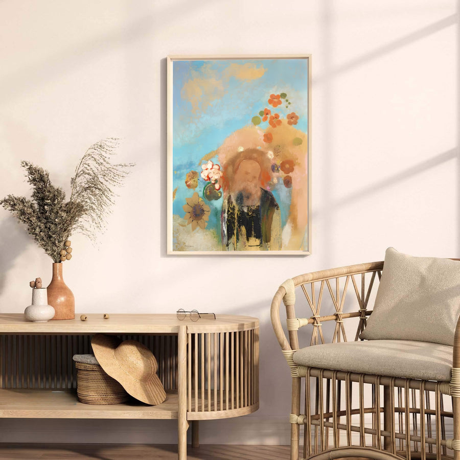 Quiet pastel composition of Evocation Of Roussel by Odilon Redon, created in 1912 with delicate cloud textures and botanical accents. MapYourDreams delivers this classical design in flexible formats including loose unframed sheets, pre-framed art, and gallery canvas finishes.