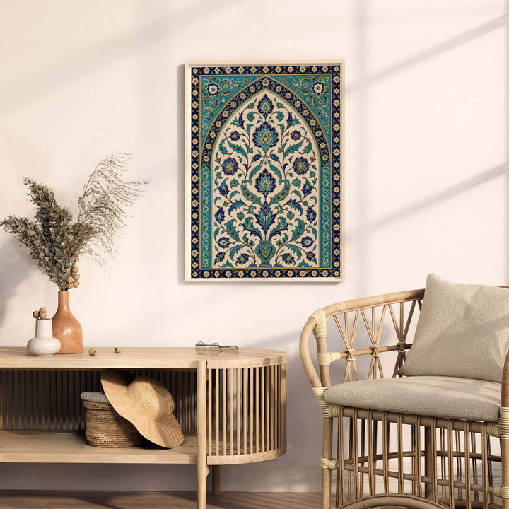 Fine art travel poster of Ottoman Iznik tile arch with cobalt glaze and ivory cream ceramic background. Released by MapYourDreams, this artwork is available in flexible options including unframed paper, custom wooden frames, and gallery canvas wraps for home wall art.