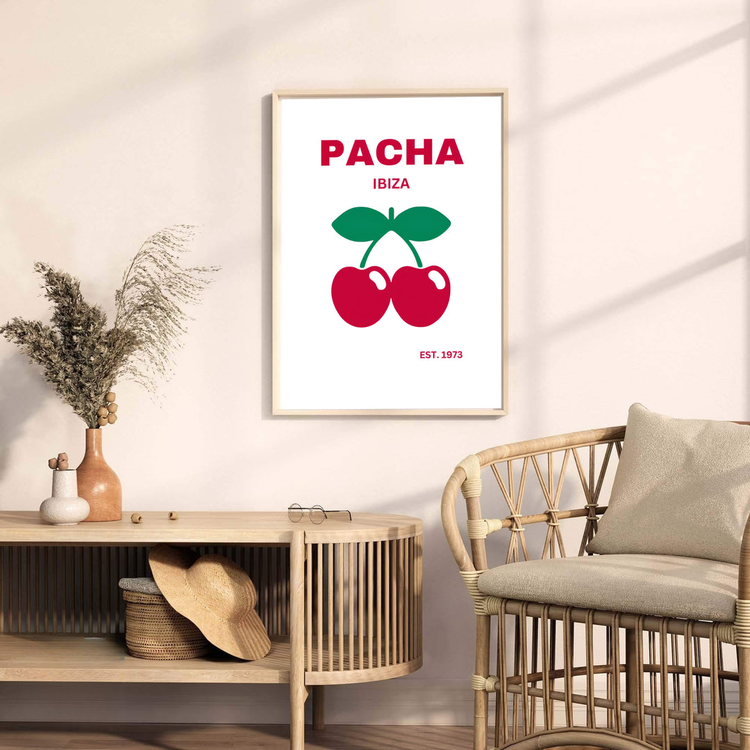 Clean graphic typography poster featuring iconic twin cherry motif for Pacha in Ibiza, Spain, available at MapYourDreams with options including unframed paper prints, stretched canvas decor, or custom framed wall art for bedrooms and kitchen spaces.