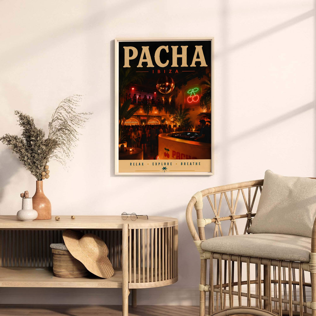 Warm ambient lighting venue poster featuring red neon graphics and lower text for Pacha in Ibiza, Spain, available at MapYourDreams with options including unframed paper prints, stretched canvas decor, or custom framed wall art for moody lounge environments.