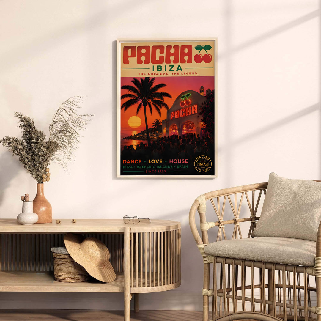 Pacha Ibiza neon sign art print capturing the whitewashed club structure, glowing red cherries, and sunset palm reflections on the water, presented by MapYourDreams as an unframed fine art print, gallery wrapped canvas, or framed wall art in bronze and gold options.