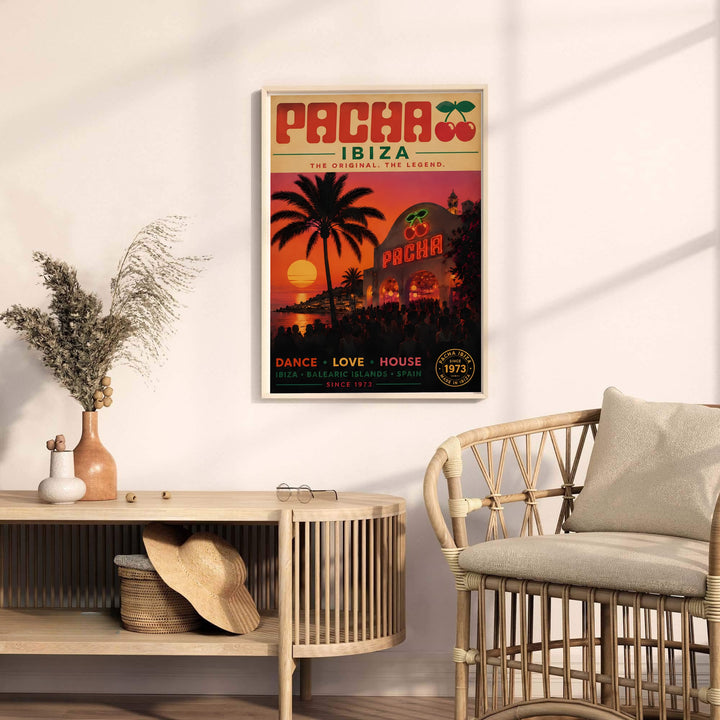 Pacha Ibiza neon sign art print capturing the whitewashed club structure, glowing red cherries, and sunset palm reflections on the water, presented by MapYourDreams as an unframed fine art print, gallery wrapped canvas, or framed wall art in bronze and gold options.