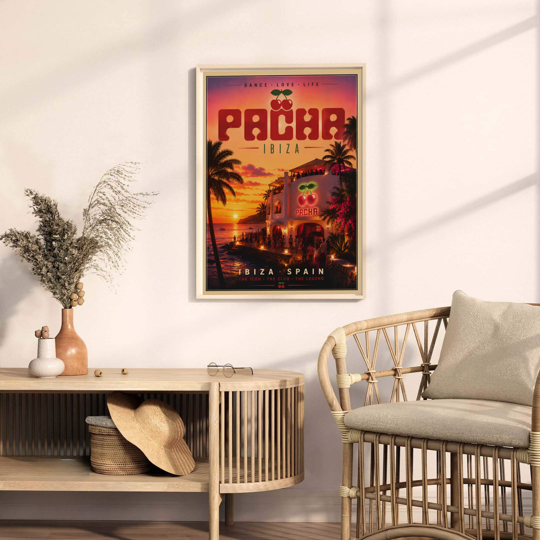 Vibrant Balearic travel poster featuring Pacha Ibiza venue architecture set against a glowing sun setting over the Mediterranean sea, available from MapYourDreams as an unframed art print, canvas wall decor, or custom framed print for living room walls.