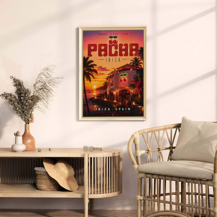 Vibrant Balearic travel poster featuring Pacha Ibiza venue architecture set against a glowing sun setting over the Mediterranean sea, available from MapYourDreams as an unframed art print, canvas wall decor, or custom framed print for living room walls.