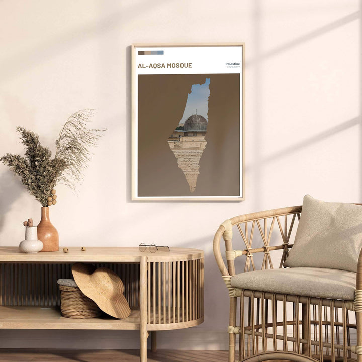 Fine art poster of Al Aqsa Mosque with headline reading AL-AQSA MOSQUE and subtitle reading Palestine 31.7780 N 35.2354 E. Released by MapYourDreams, this artwork is available in flexible options including unframed paper, custom wooden frames, and gallery canvas wraps for home wall art.